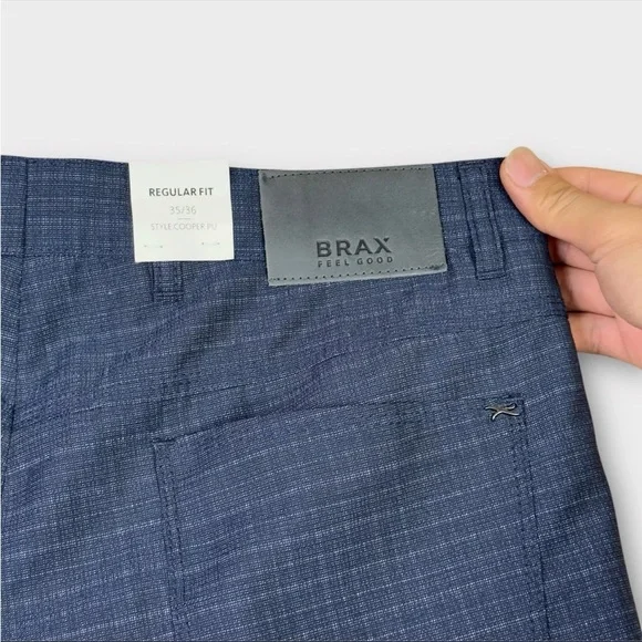 Brax Cooper Fancy Regular Fit Chino Pants Mens 35x36 Blue Plaid Unhemmed Leg NWT
